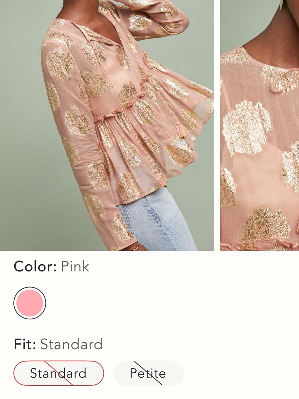 Medallion Foil-Printed 
Pink Metallic-Detail Peasant Blouse